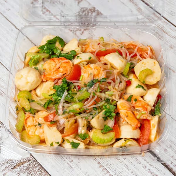 Road To Myanmar Asian Cuisine's glass noodle salad with shrimp, fish cakes, tomatoes, and celery.