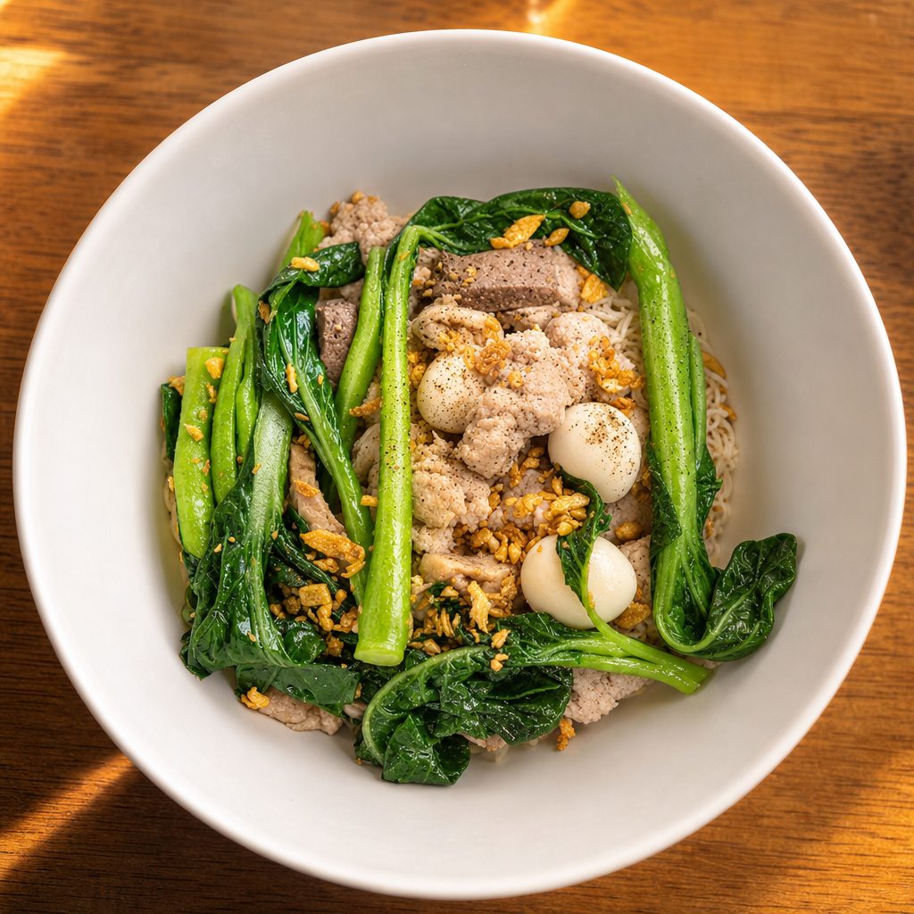 Kyay Oh Si Chat (Burmese Pork Noodle in fried garlic oil).