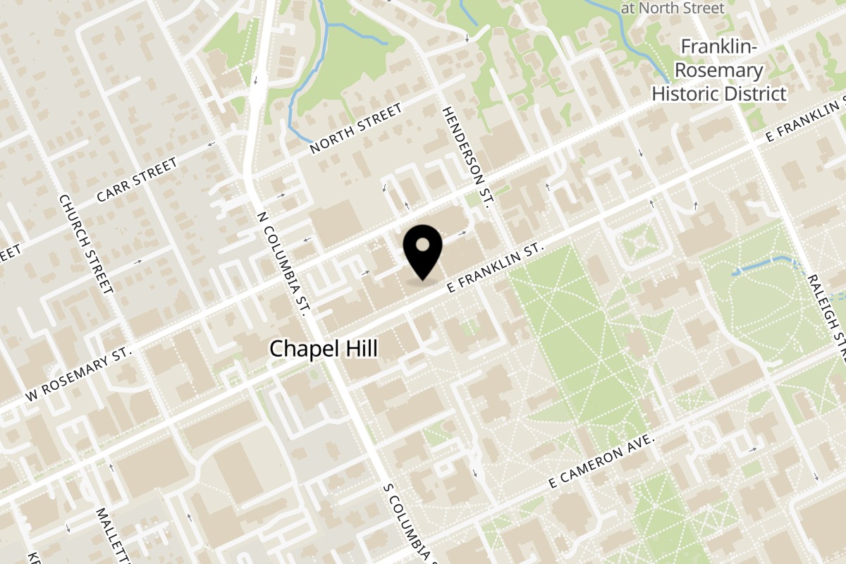 Map showing the location of Road To Myanmar Asian Cuisine on 147 E Franklin St in Chapel Hill